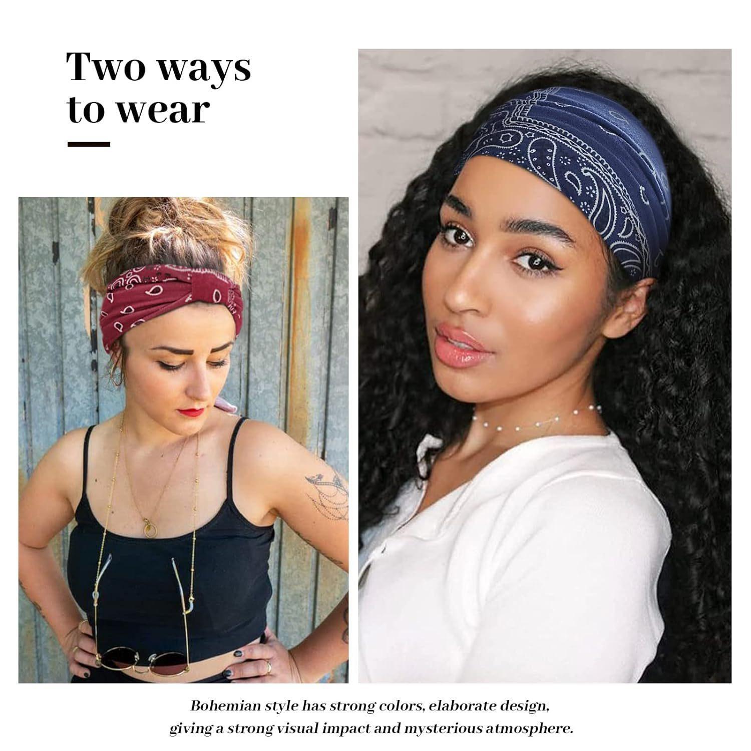 Wide Boho Style Headbands for Women, Non-Slip Soft Stretch No-Pressure Fit, 6-Pack for Thick & Curly Hair