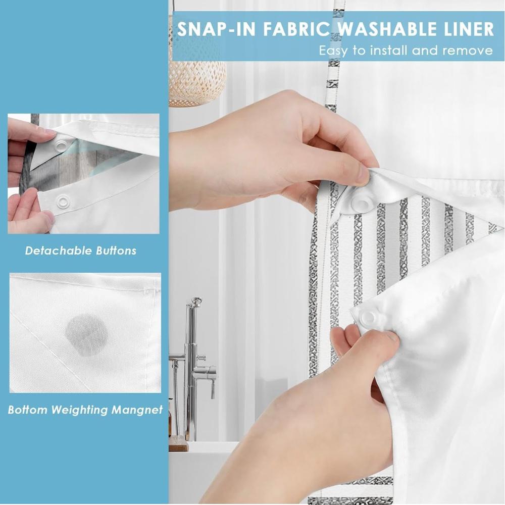 1pc hookless removable shower curtain with buckle lining, black and white striped geometric patchwork design, 2D flat printing, fabric waterproof lining, see-through double-layer shower curtain, 71 x 74 inches, modern home draping curtain