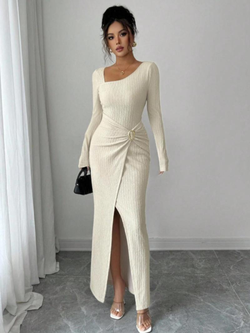 Women's Fashion Solid Color Twisted Long Dress, Asymmetrical-Neck Knitted Texture Bodycon Slit Design Dress, Classy Modest Fall Winter Women Clothes