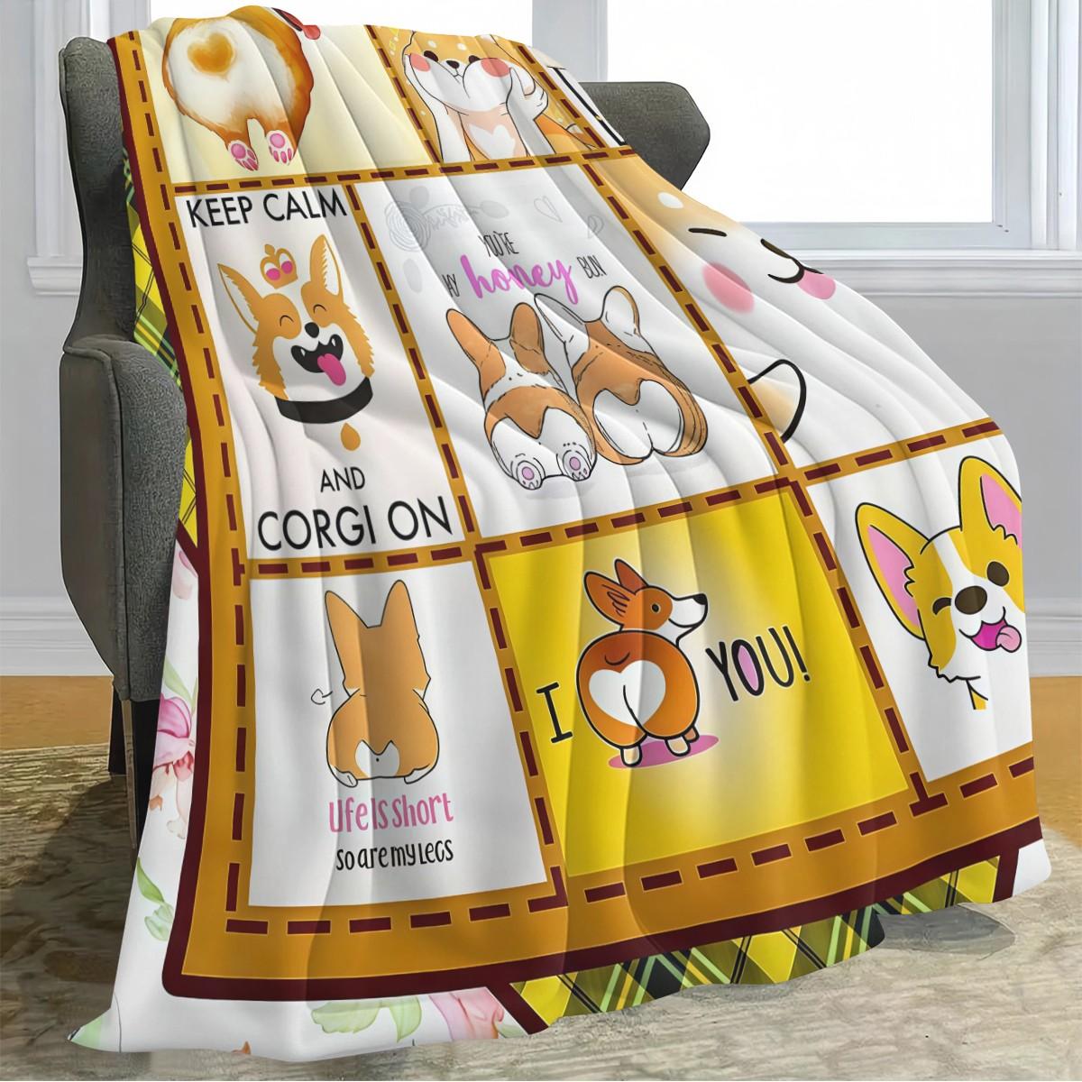 Cute Corgi Patchwork Flannel Blanket, Multifunctional Camping Travel Throw, Room Decoration Blanket, All Seasons Gift Blanket