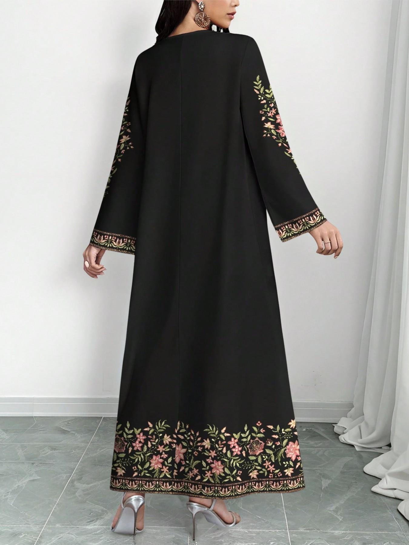 Elegant Muslim Long Dress for Women, Printed Abaya Robe, Floral Abaya, Formal Long Sleeve A-Line Dress, Stylish and Comfortable Islamic Fashion