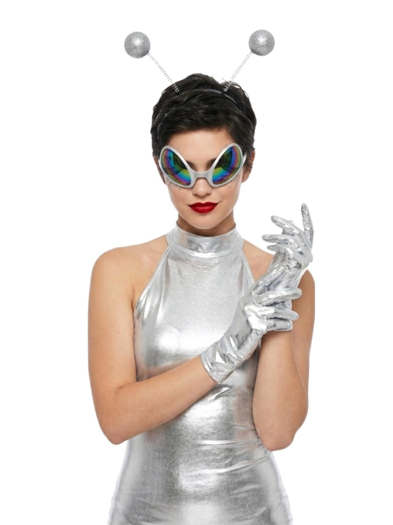 3-Piece Alien Costume Set for Holiday Parties, Includes Shiny Headpiece, Gloves, Weird Glasses, Perfect for Christmas Performances