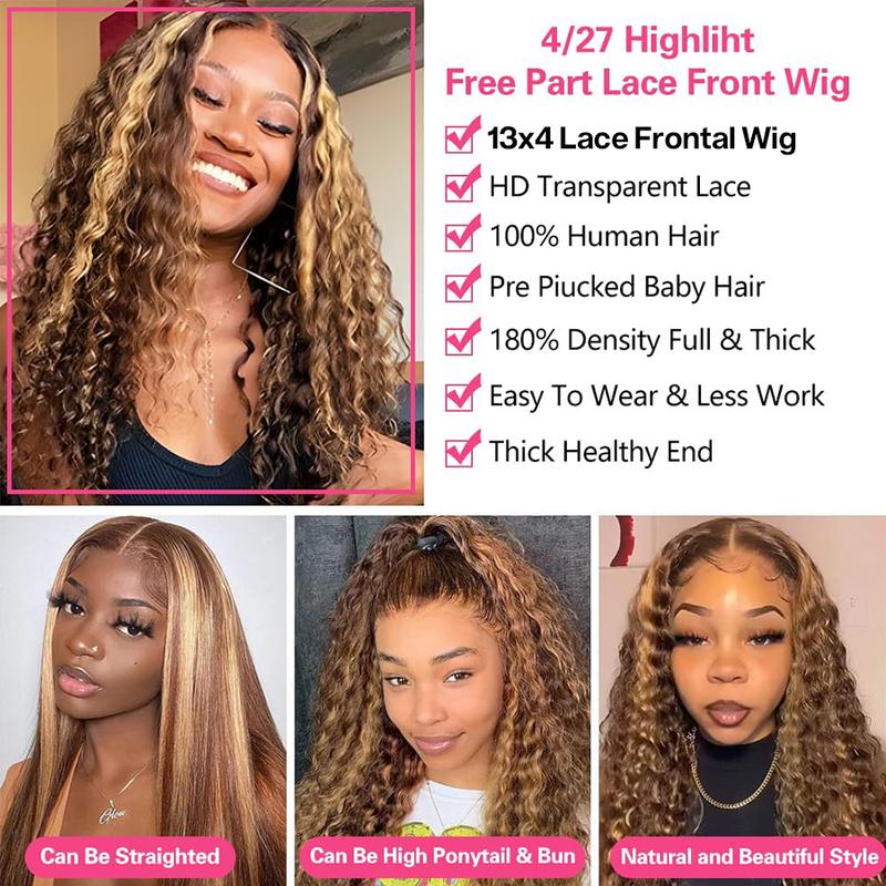 Pizazz Hair Water Wave 4/27 Highlight 13x4 HD Transparent Lace Front Wigs Ombre Human Hair Wet and Wavy Curly Lace Frontal Wigs Pre Plucked with Baby Hair 180% Density