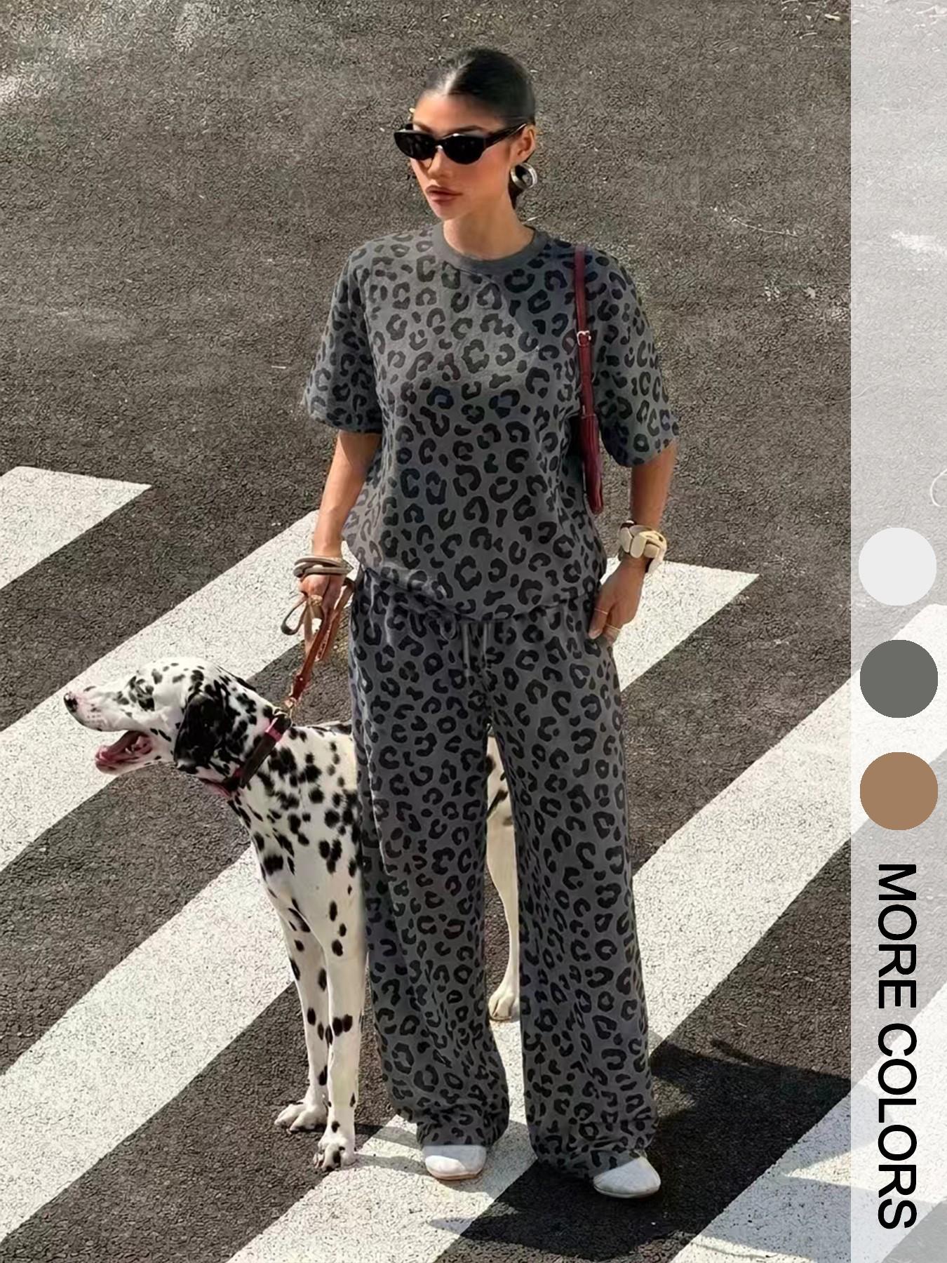 Leopard Print Short Sleeve T-Shirt and Drawstring Adjustable Wide Leg Pants Set, Casual Loose Fit Home, Multicolor, Women's Fashion