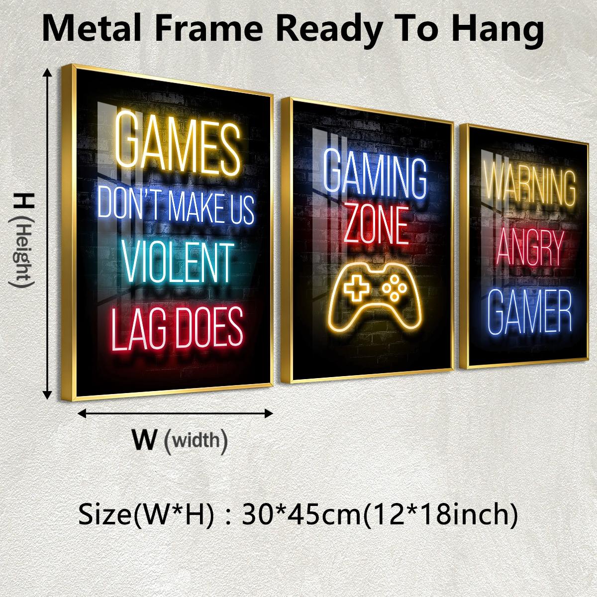 3 Counts Aluminum Alloy Framed Painting, Neon Gaming Zone Poster With Game Controller Wall Art, Home Decoration For Living Room, Bedroom, Office, Restaurant, Hallway Wall Decor, Odorless Print Artwork, Luxury Perfect Gift For Friends And Family