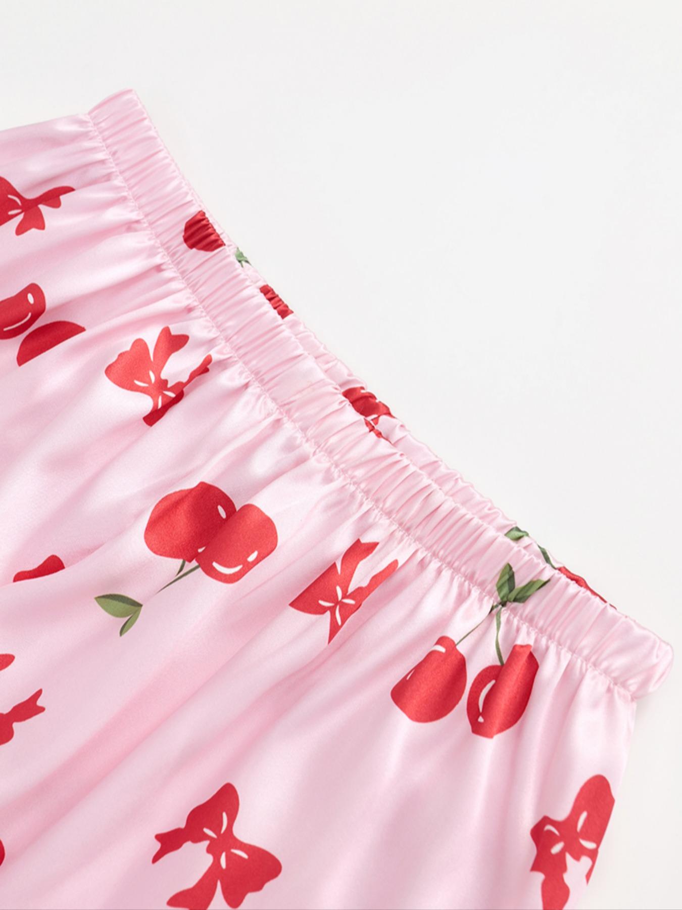 Women's Cherry Print Pajama Set, Cute Comfortable Short Sleeve Button Front Top & Elastic Waist Pants Shorts, Breathable Sleepwear