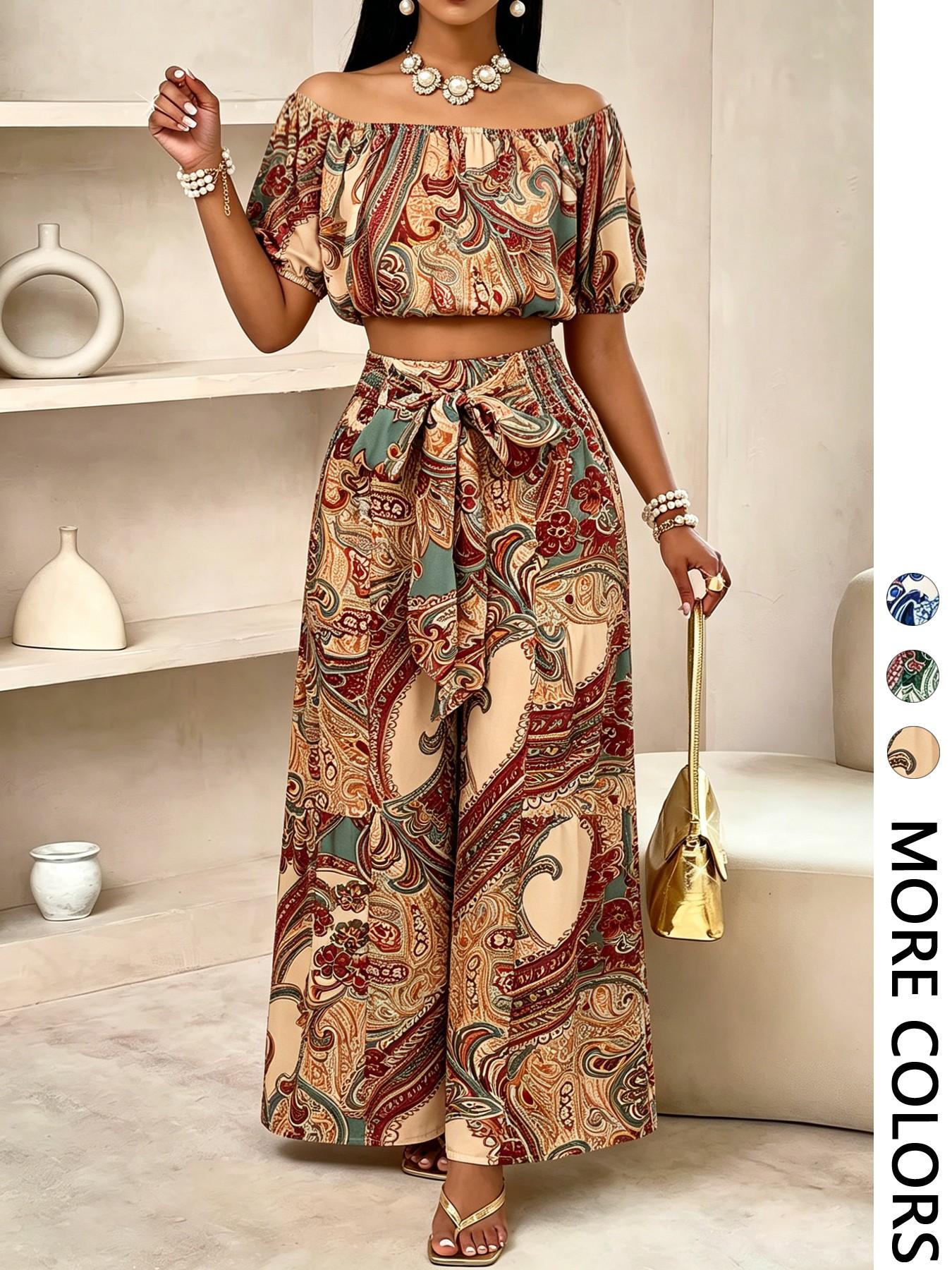Summer Beach Vacation Bow Shoulderless Round Neck Shirt Wide Leg Pants Set, Casual Loose-Fitting, Women's Fashion, Womenswear Summer Beach Vacation Bow Shoulderless Round Neck Shirt Wide Leg Pants Set, Casual Loose-Fitting, Women's Fashion, Womenswear