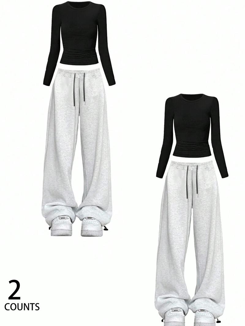 Women's Slim-Fit Long Sleeve Tee & Sweatpants Set, Comfortable Casual Wear for Spring & Fall, Daily Essentials