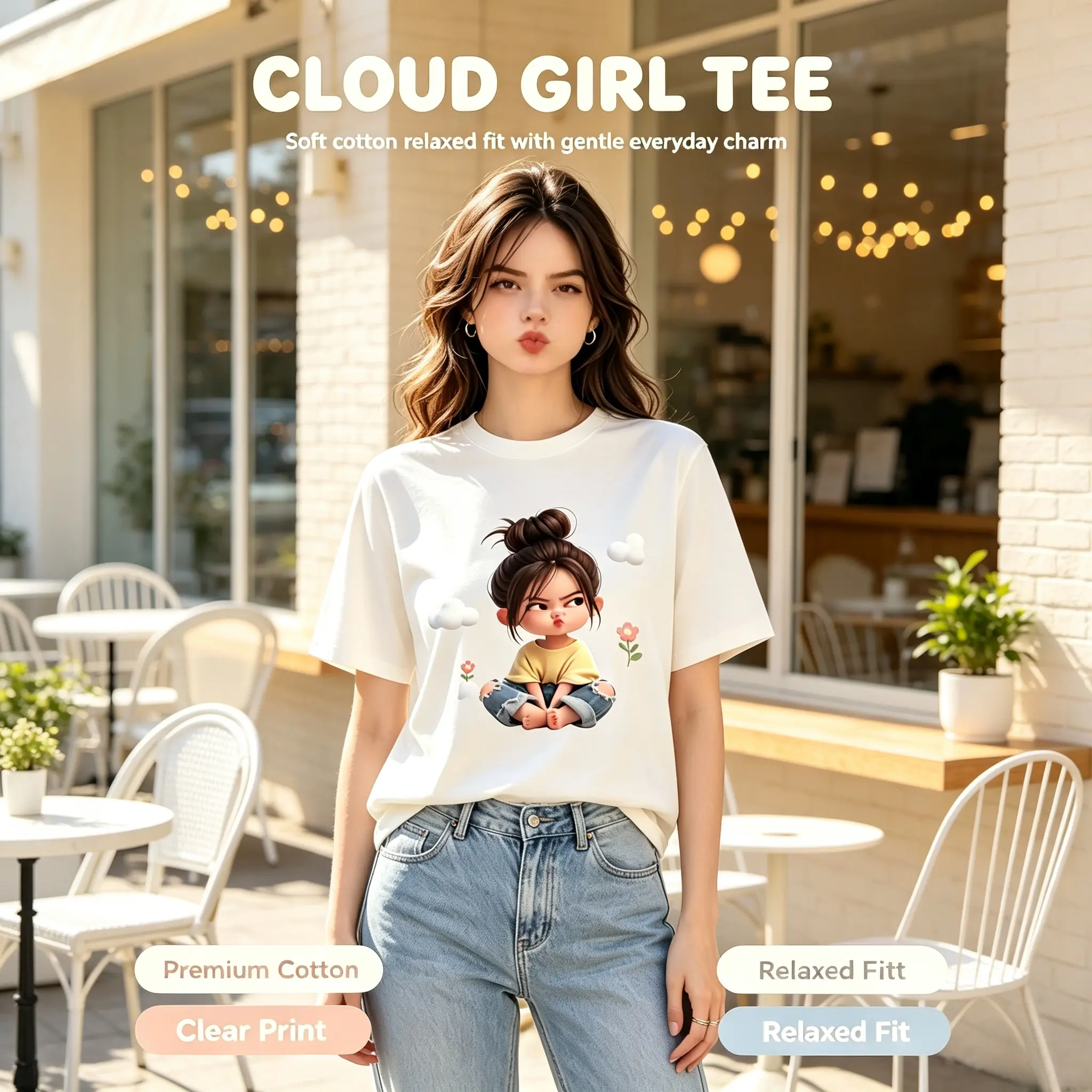 Women's Sassy Cartoon Girl & Cloud Graphic Crewneck T-Shirt, Cute Floral Aesthetic Short Sleeve Tee, Premium Cotton Comfort Casual Beach Top For Spring Summer