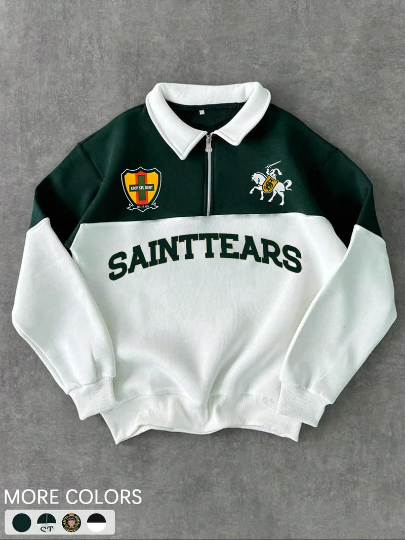 Men's Regular Fit Contrast Trim Zip Up Half Placket Sweatshirt, Casual Comfy Long Sleeve Collared Pullover for Spring & Fall, Fashion Men's Top for Daily Wear, Hoodie