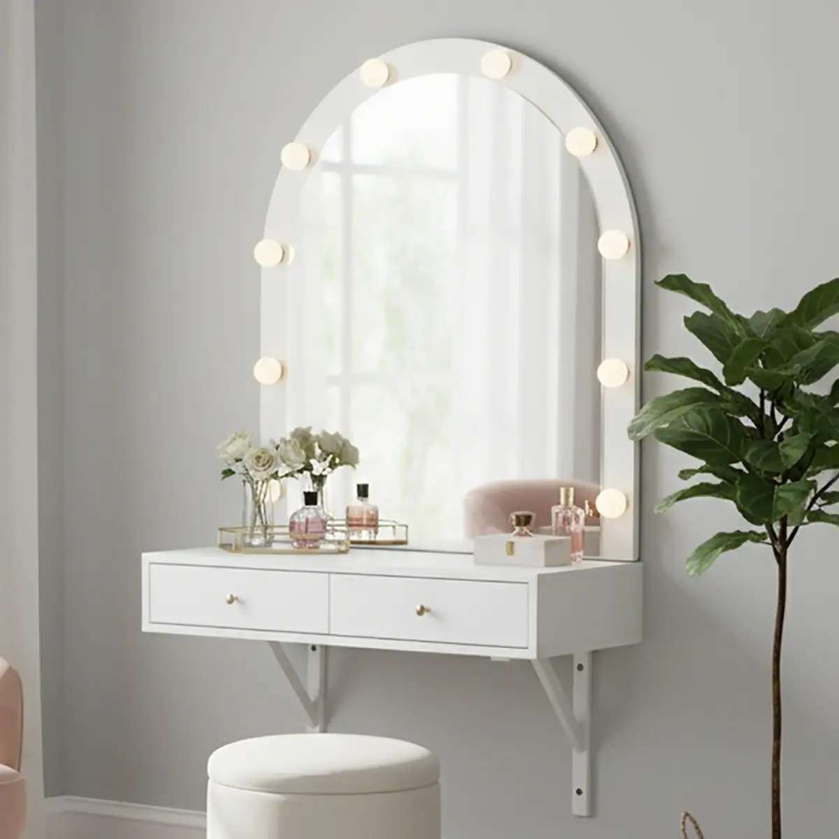 Floating Makeup Vanity Desk with Mirror and Lights, 31.5 Inch Wall Mounted Vanity with 3 Color Dimmable LED Hollywood Mirror, 2 Drawers, Power Outlet, USB and Type C Charging Station for Small Bedroom or Apartment, White
