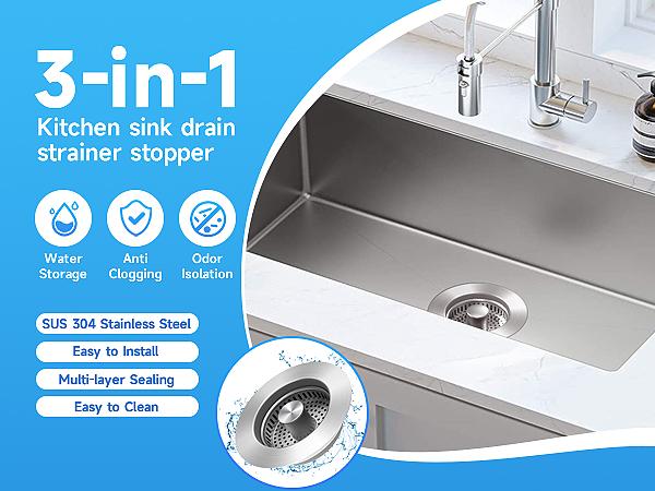3-in-1 Kitchen Sink Drain Strainer, Stainless Steel Sink Plug, Deodorizing Anti-Clog Basket Strainer for US Standard 3-1/2 Inch Drains [Holiday Haul]