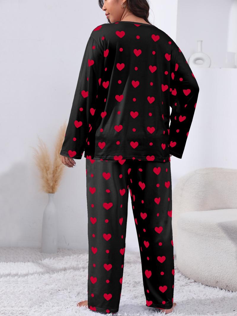 Plus Size Heart Print Drop Shoulder Pyjama Set, Casual Comfy Long Sleeve Round Neck Top & Trousers PJ Set, Pajamas, Summer Outfits 2024, Women's Sleepwear for Spring & Fall