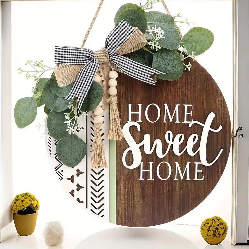 Home Sweet Home 2D Farmhouse Welcome Sign, Round Wooden Hanging Door Decor with Bow and Artificial, Rustic Porch Wreath for Holidays