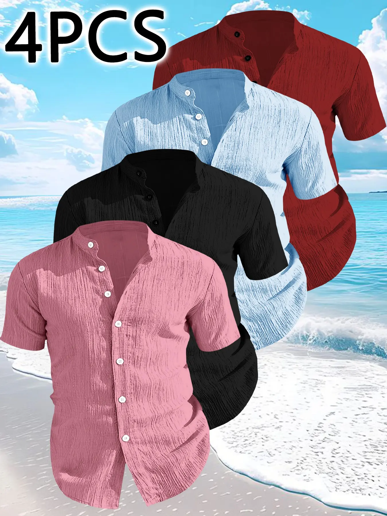 Four-Piece Set Men's Summer Short Sleeve Shirts, Lightweight Breathable Solid Button Shirt, Stand Collar Design, Beach Vacation, Pool Party, Casual Wear, Casual Collared Shirt