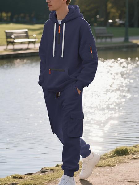 Men's Winter Heavyweight Fleece-Lined Casual Set, Loose Fit Sporty Multi-Pocket Workwear Suit, Warm & Comfortable Two-Piece Set