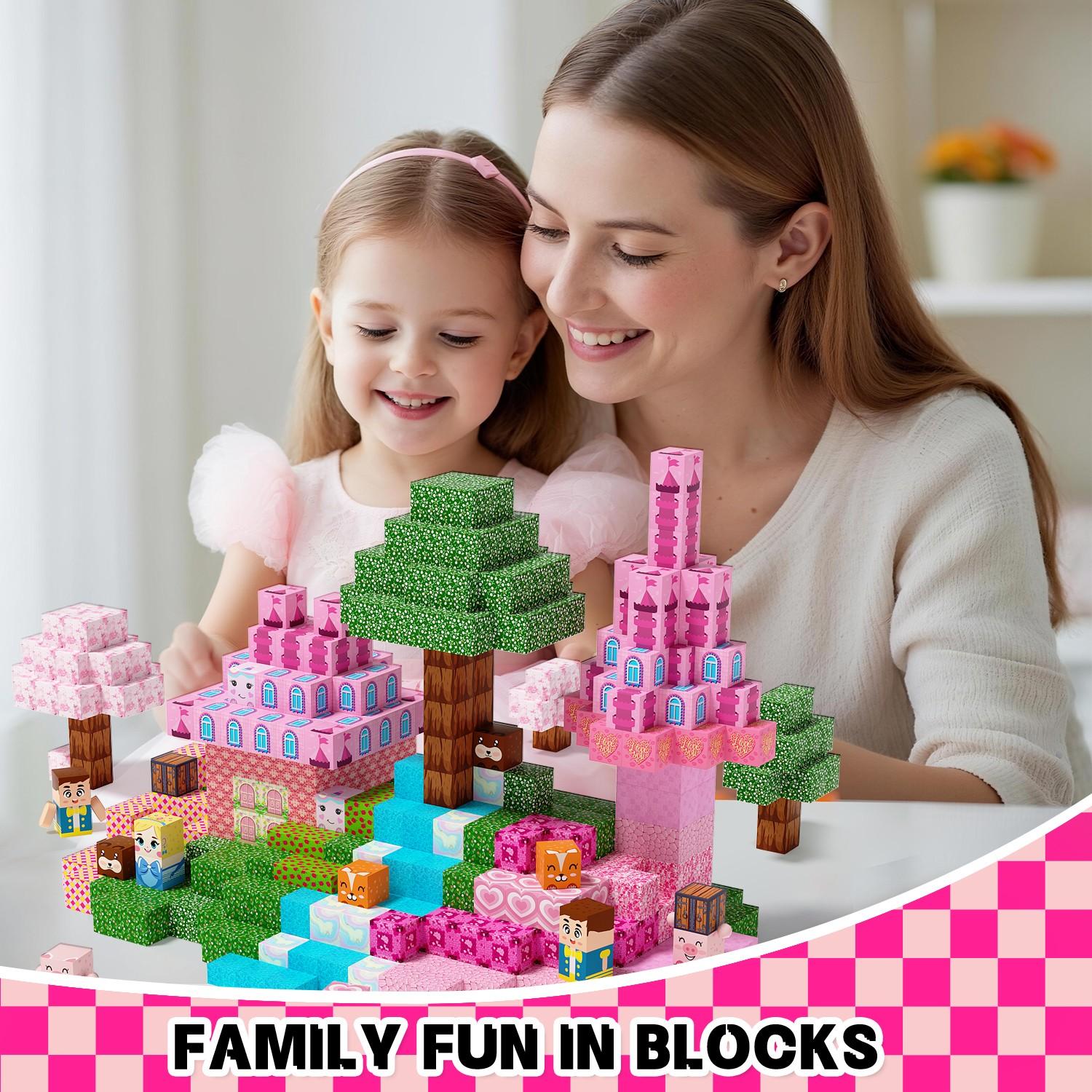Light Up Magnetic Building Blocks Set 100/150/200 PCS, Pink Princess Castle Theme，Llluminated Magnetic Cubes for Girls & Boys 3+ Years Old, STEM Montessori Sensory Toys for Spatial Reasoning & 3D Construction, Christmas Birthday Gift