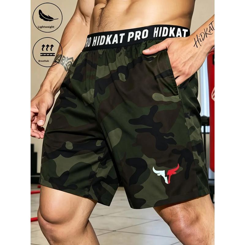 Men's Nylon Blend Camo Print Gym Fitness Shorts - Breathable, Lightweight Universal Sport Streetwear Bottoms with Bull Logo, Elastic Waistband, Built-in Side Pockets for Jogging Wear, Outdoor Fitness, Workout Exercise