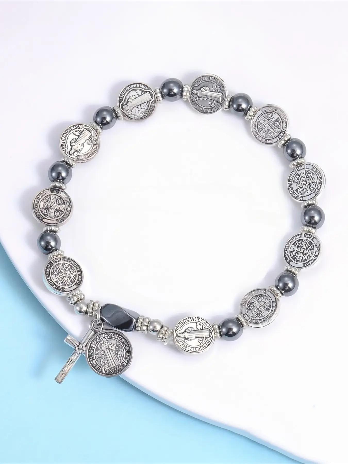 Vintage Agate Beaded Bracelet, Handmade Elastic String, Fashion Casual Unisex Jewelry, Cross Pendant Charm, High Quality Bracelet