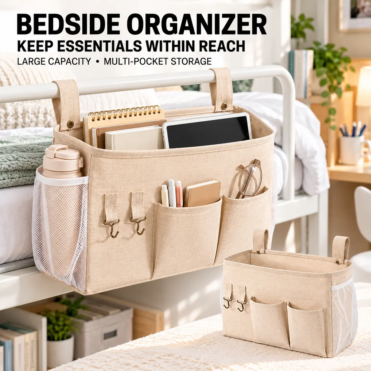 Bedside Caddy,  Storage Organizer, Hanging Storage Organizer for Home Bedroom Living Room College Dorm Bed Water Bottles, Magazines, Phone, Glasses (Beige)-YY1