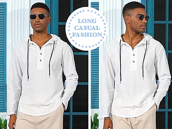 Men's Casual Long Sleeve Hooded Linen Shirt, Loose Fit Beachwear, Comfortable Breathable Spring Summer Vacation Clothing, Durable Daily Use