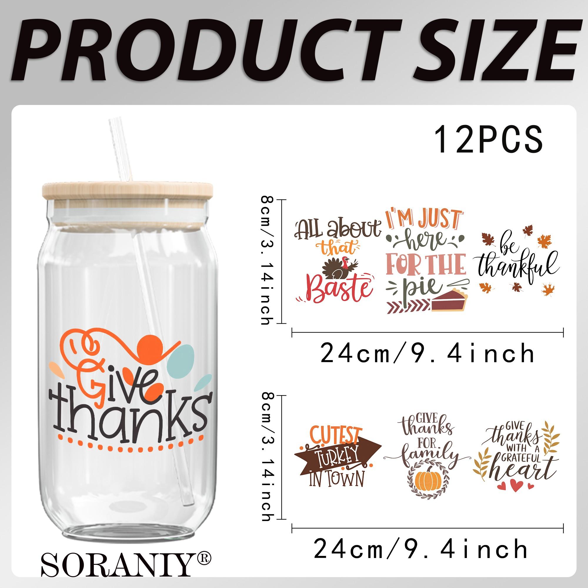 UV DTF Water Cup Transfer Stickers, 12 Thanksgiving Quotes, Waterproof, High Adhesion, DIY Decor for Cups, Bottles, Furniture, Frames