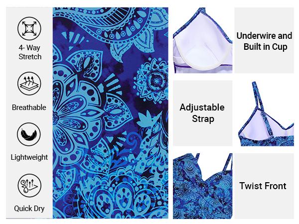 Aqua Eve Women's Underwire Tankini Swimsuit - Twist V Neck Flowy Bathing Suit Top Only, No Bottom