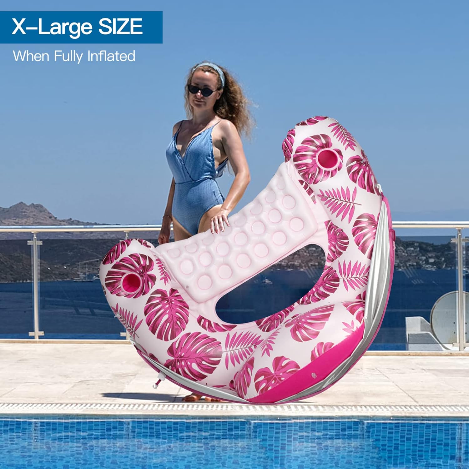 Pool Float with Canopy, Cup Holder - XL Pool Chair Lounge Float with Adjustable Sun Shade Cover, Drink Holder, Ergonomic Headrest,Inflatable Pool Float for Adults