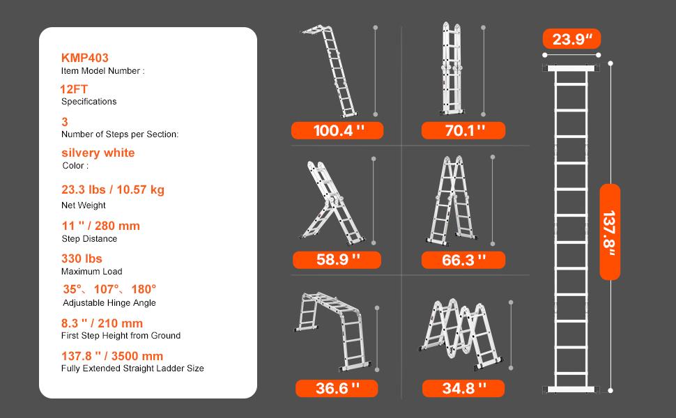 VEVOR Multi-Purpose Folding Ladder, 7-in-1 Tall Step Ladder, A Frame 3 Step Adjustable Telescoping Ladder, 12ft Reach Height Heavy Duty Extension Ladder, 330 lbs Capacity for Household Outdoor Work VEVOR Multi-Purpose Folding Ladder, 7-in-1 Tall Step Ladder, A Frame 3 Step Adjustable Telescoping Ladder, 12ft Reach Height Heavy Duty Extension Ladder, 330 lbs Capacity for Household Outdoor Work