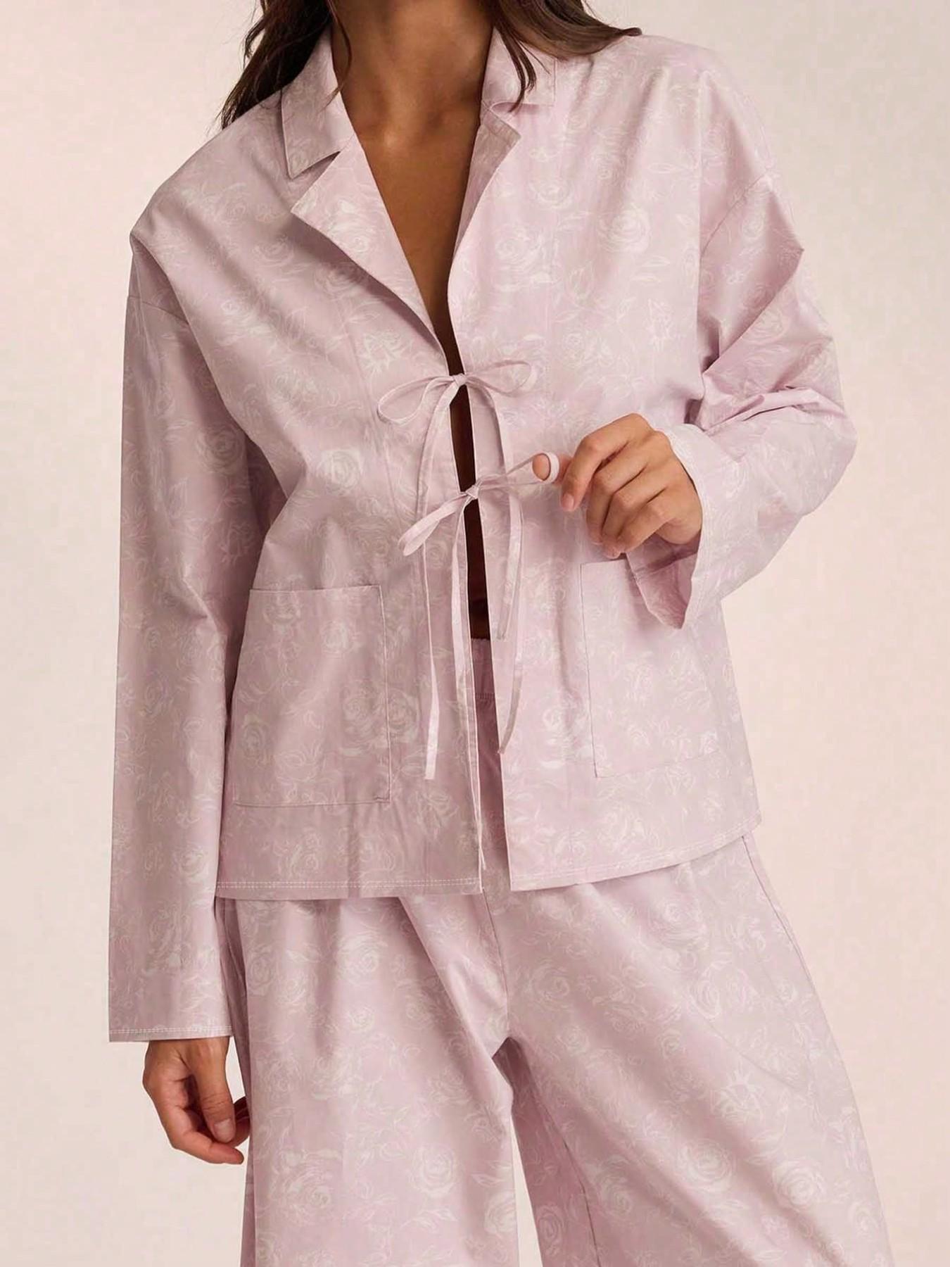 Women's Floral Print Lapel Sleepwear Set, Casual Comfortable Full Body Flower Pattern, Ladies Homeewear Suit for Spring & Fall