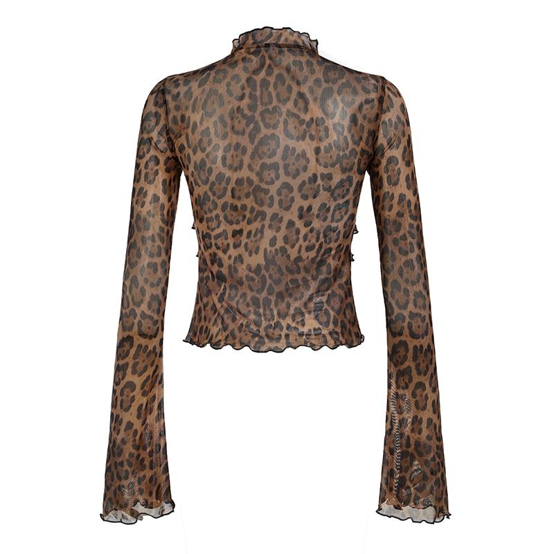 Women's Leopard Print Frill Trim Tie Front Sheer Tee, Fashion Casual Lettuce Trim Flounce Sleeve Top for Daily Outdoor Wear, Women Clothing for Spring & Fall