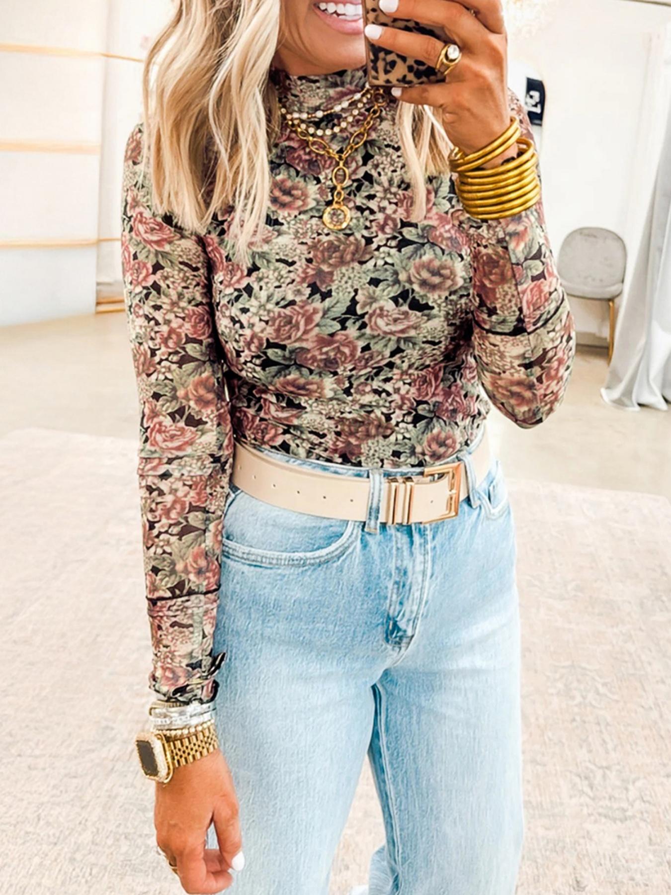 Spring & Fall Fashion Vintage Floral Print Half High Neck Mesh Long Sleeve Fitted Top, Women's Casual Elegant Blouse, Stylish Daily Wear