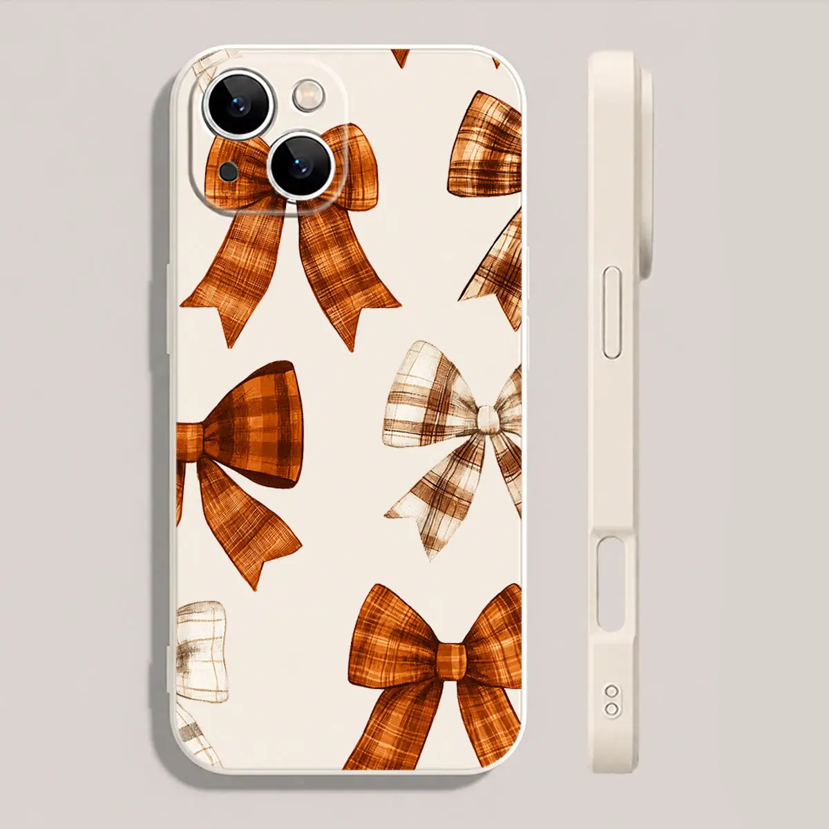 Burnt Orange Plaid Bow Phone Case Harvest Coquette Neutral Fall Ribbon Design Soft Silicone Cover for iPhone 17 16 15 14 13 12 11 X Plus Pro Max