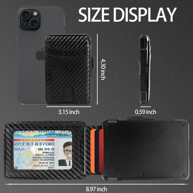 Slim AirTag Wallet for Men - Pop-Up Aluminum Case, RFID Blocking Leather Bifold with Money Clip & Card Slots, Includes Gift Box,No Airtag Included,Carbon Black