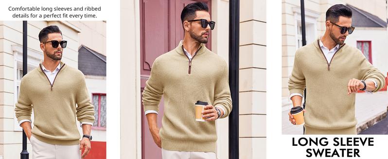 Runcati Christmas Gifts Men's Quarter-Zip Pullover Sweater Casual Mock Neck Winter Warm Ribbed Polo Sweaters Knitwear Classic Tops