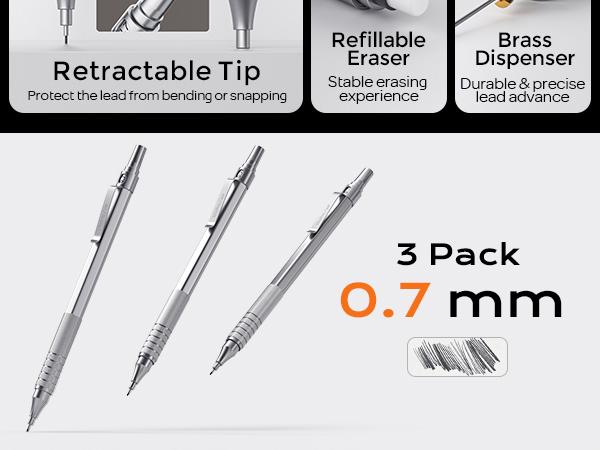 Nicpro 0.7mm Metal Mechanical Pencil Set MP1000 with 8 HB Refills 3 Erasers 9 Eraser Refills for Architect Art Drafting Drawing Engineering Sketching