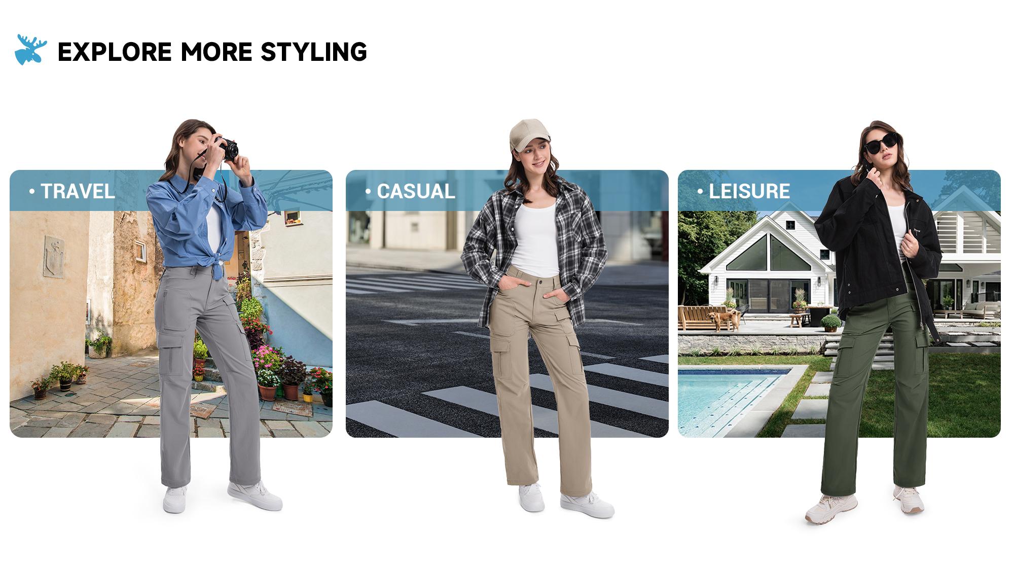 Moosehill Women's Cargo Hiking Pants High-Waisted Lightweight HikerFlex W038 Khaki Casual Comfy Pocket Sporty Trousers