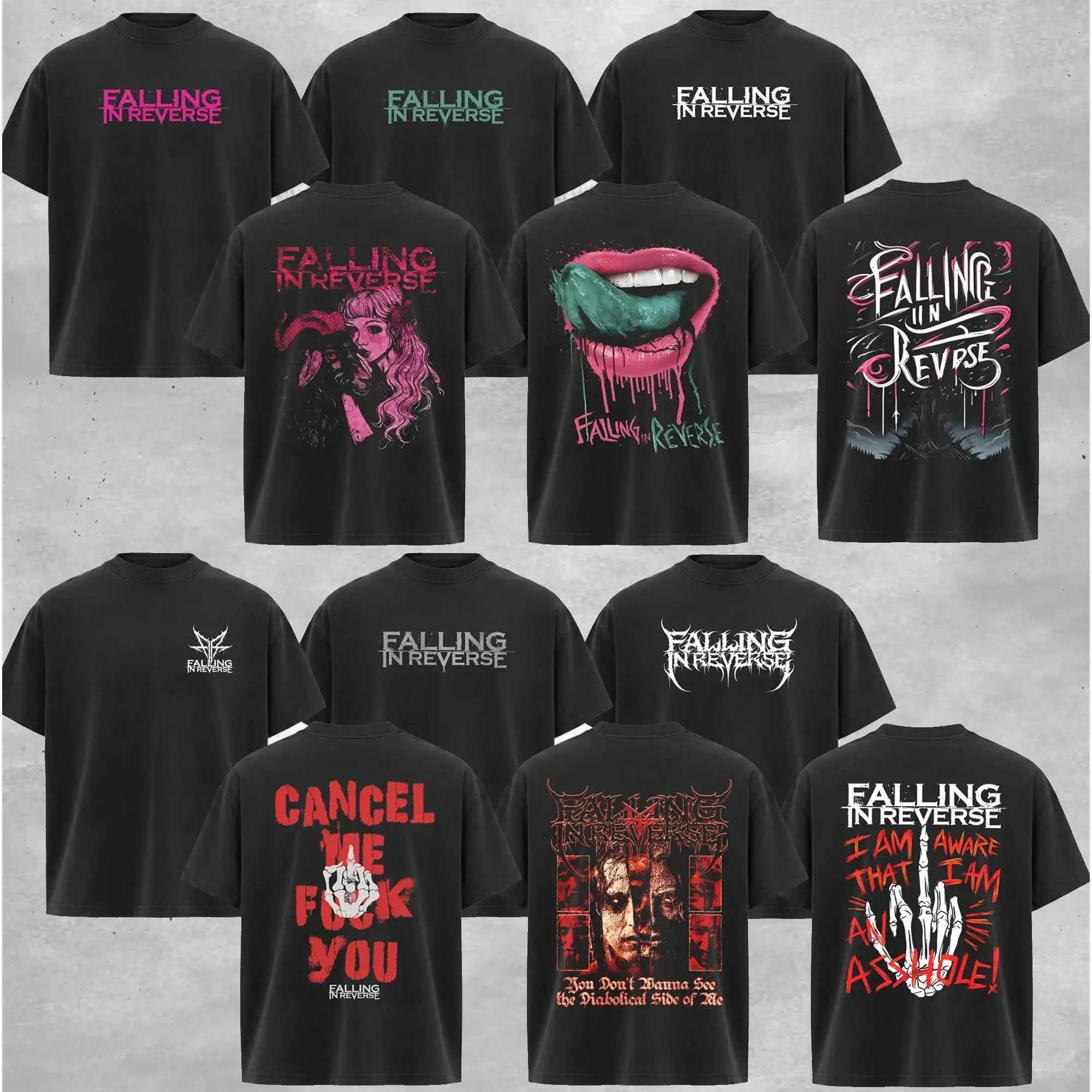 Vintage Falling in Reverse Lips Graphic T-Shirt - 2-Sided Print Rock Band Streetwear, Round Neck Unisex Cotton Casual Top, Gift for Rock Music Lovers (Vintage Graphic Tees for Men/Women)