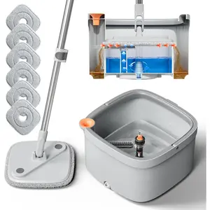 Upgraded Spin Mop and Bucket System Set, Self Separate Clean and Dirty Water, Foldable Square Standing Mop  with Microfiber Mop Pads, Detachable Bucket (Grey, Mop Set with 6 count Pad)
