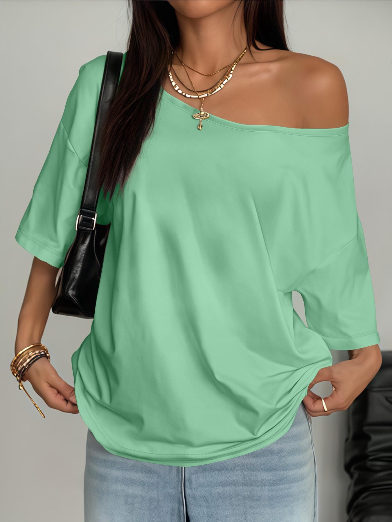 Plus Size Women's Asymmetrical Shoulder Top, Trendy Fashion Short Sleeve Blouse, Thin Lightweight Fitted Daily Wear for Plus Size Ladies Plus Size Women's Asymmetrical Shoulder Top, Trendy Fashion Short Sleeve Blouse, Thin Lightweight Fitted Daily Wear for Plus Size Ladies