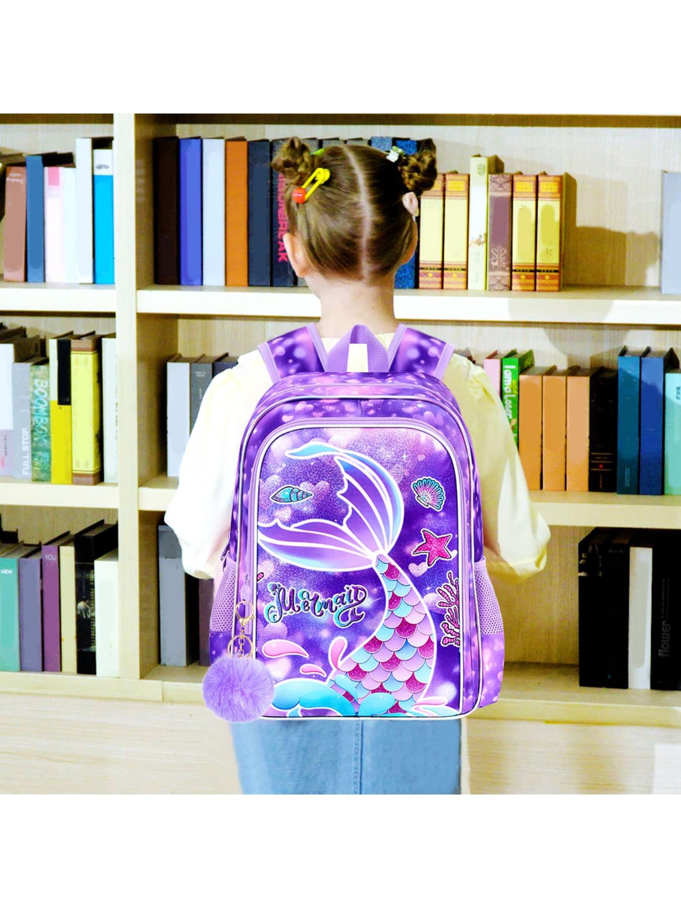 3Pcs Mermaid Backpack for Girls, 16" Kids Fishtail Bookbag with Lunch Box, Cute Schoolbag for Preschool Kindergarten Toddler(Rainbow)