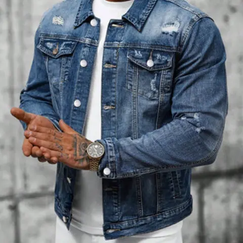 Men's Regular-Fit Washed Distressed Ripped Button-Front Denim Jacket, Casual Fashionable Collared Long Sleeve Outerwear with Pockets, Ideal for Daily Wear, Cotton Fabric