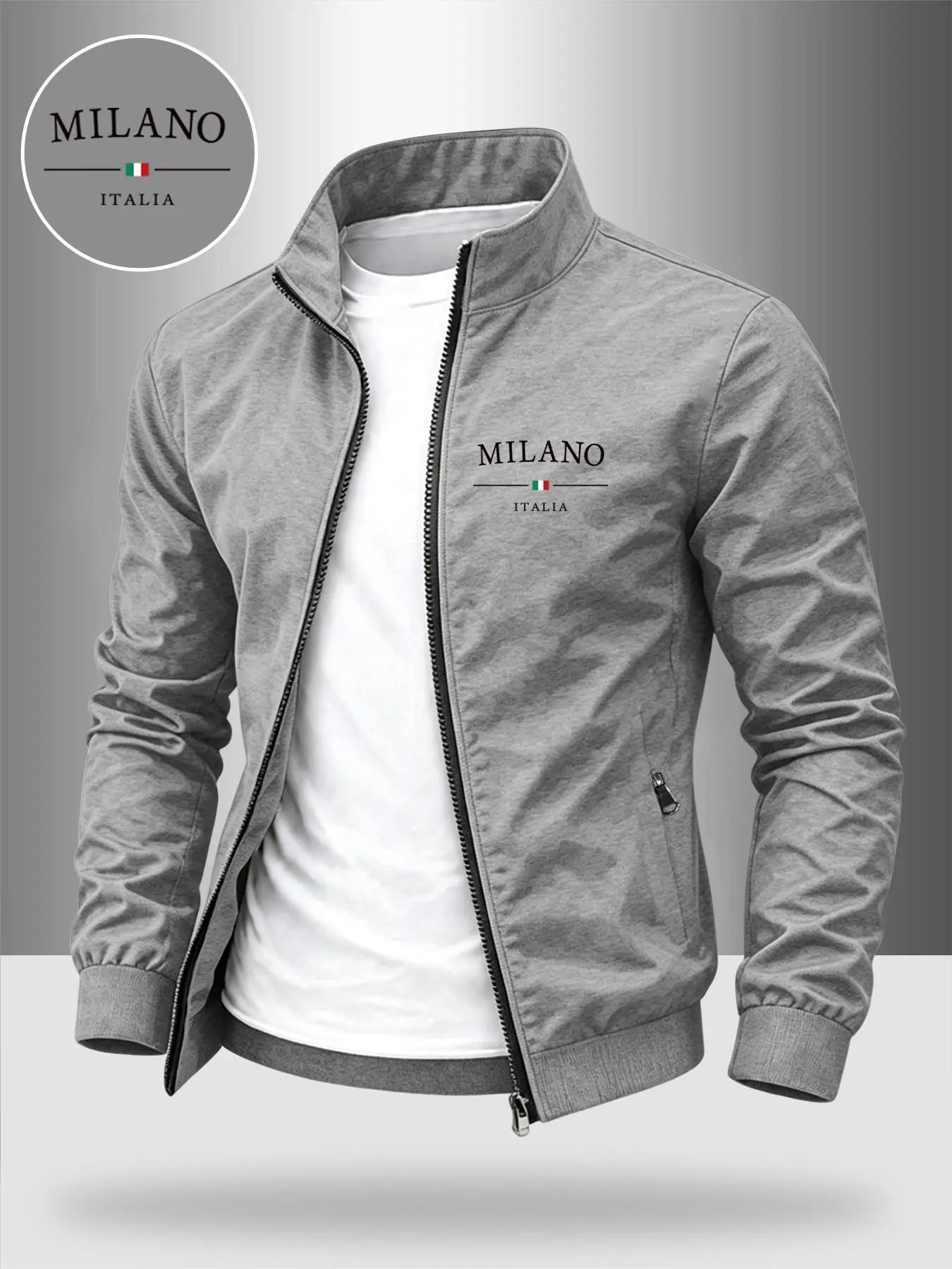 Men's Luxury Milan Letter Stand Collar Jacket, Casual Fitted Jacket, Business Casual Plain Windproof Coat, Fall Winter Lightweight Outerwear, Casual Outerwears, Ideal Father's Gift, Fall Jackets, Fashion, Menswear
