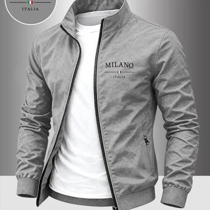 Men's Luxury Milan Letter Stand Collar Jacket, Casual Fitted Jacket, Business Casual Plain Windproof Coat, Fall Winter Lightweight Outerwear, Casual Outerwears, Ideal Father's Gift, Fashion, Menswear, Autumn Winter Wear