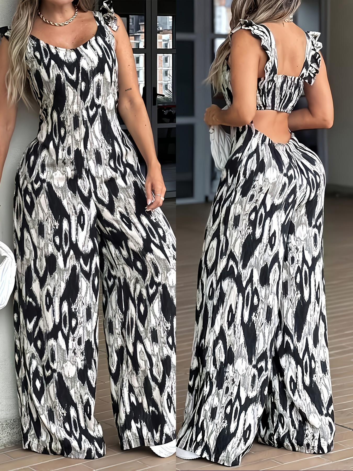 New Women's Romper Dress Jumpsuit, Strapless Romper Wide Shoulder Straps Flared Leg Casual Vacation Style Slimming One-Piece