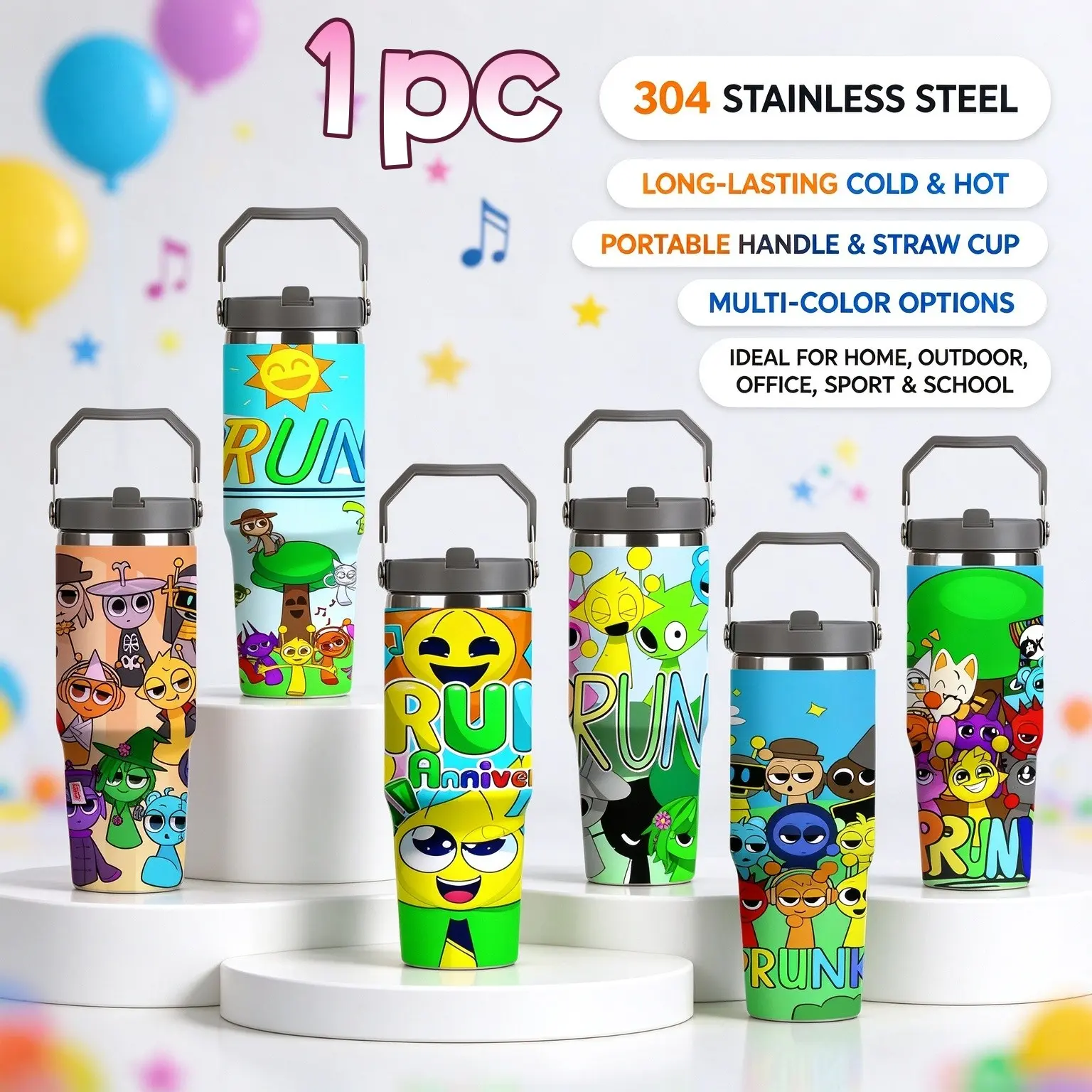 1pc Sprunki Character Insulated Water Bottle, 304 Stainless Steel Portable Straw Cup with Handle, Long-Lasting Cold & Heat Retention, Multi-Color Options for Home, Outdoor, Office, Sport & School, Insulated Drink Tumbler
