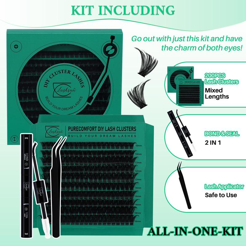 10-16mm Mixed Length D Curl False Eyelashes Kit, 200pcs Wispy Soft and Comfortable False Eyelashes, Long-lasting Lashes Kit with Lash Bond & Seal and Tweezers, Eyelash Extension