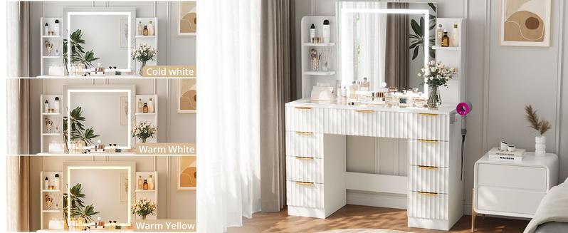 VOWNER Modern Vanity Desk with Mirror and Lights Makeup Vanity Desk with Drawers and Storage Shelves & Power Outlet Hair Dryer Rack Dressing Table with Glass Top
