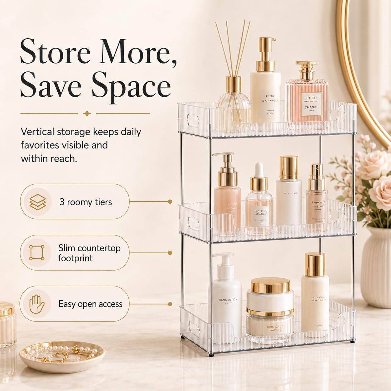 3 Tier Bathroom Counter Organizer, Multi-Purpose  Skincare Shelf, Fits A4 Size Makeup Organizer for Office and  Tray, Countertop Storage Solution for Kitchen,Bath.(Clear)