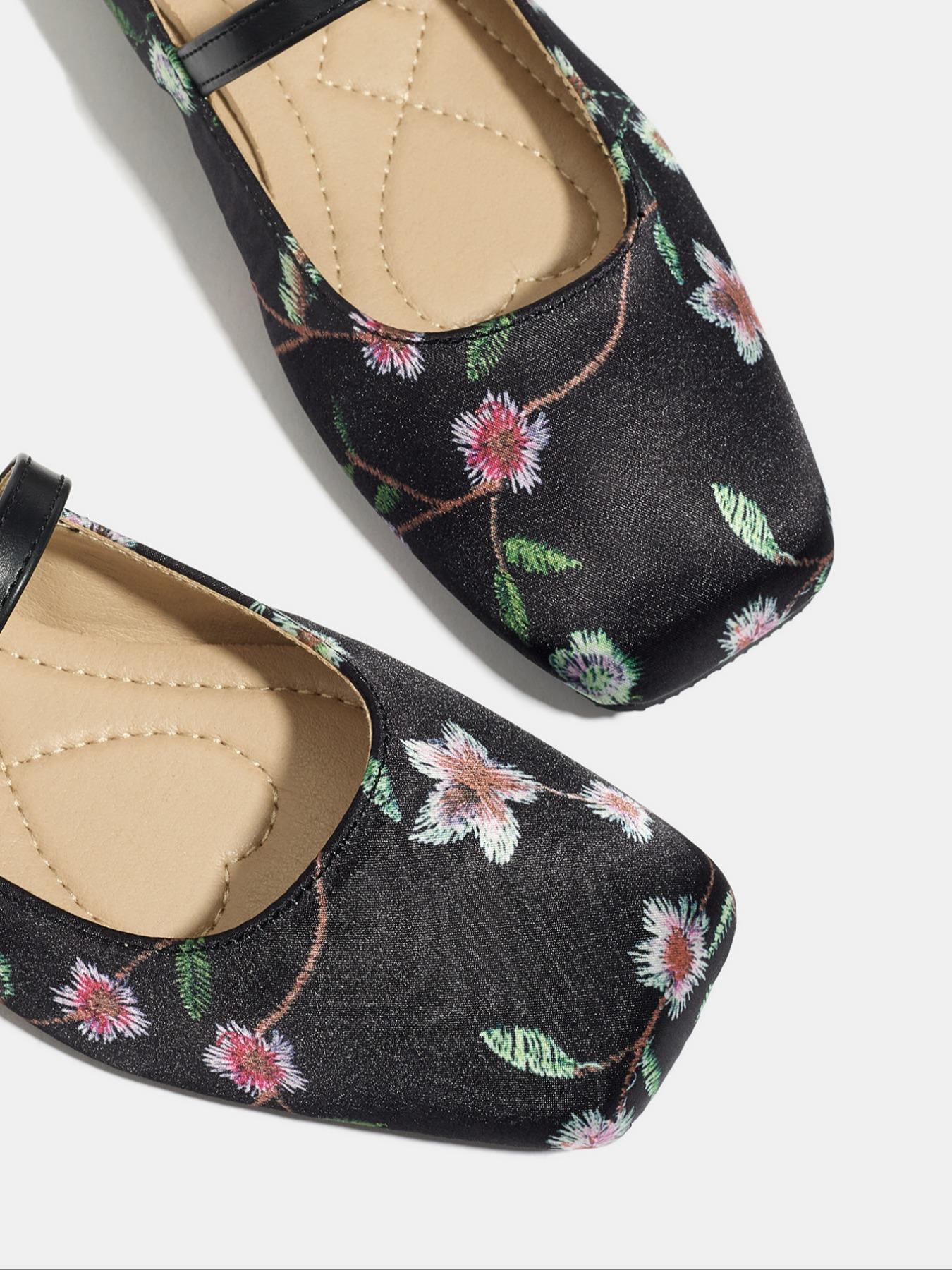 Women's Square Toe Mary Jane Shoes, Casual PU Leather Flats with Floral Pattern, Soft Sole Rubber Bottom, All Season Fashion Footwear